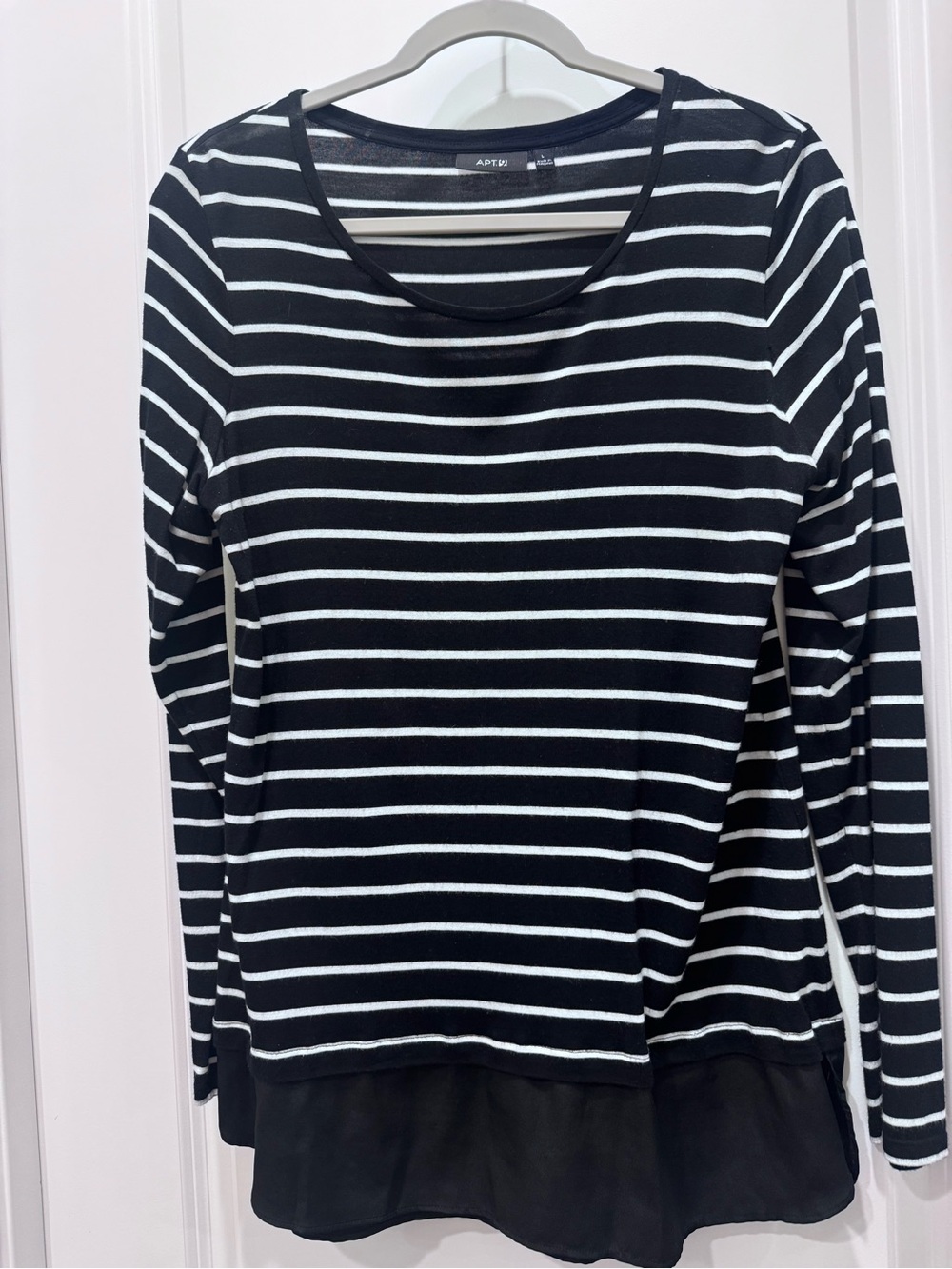 Apt. 9 Black and White Striped Long-Sleeve Top with Layered Hem